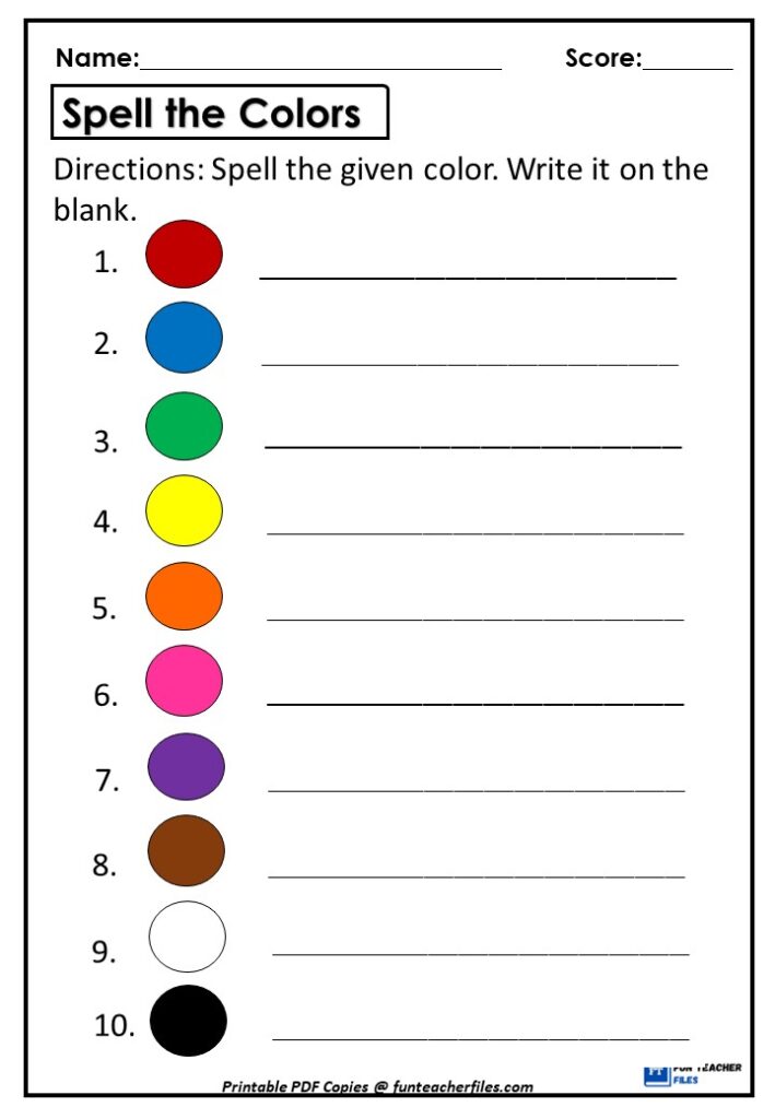 Color spelling worksheet with ten colored circles and blanks