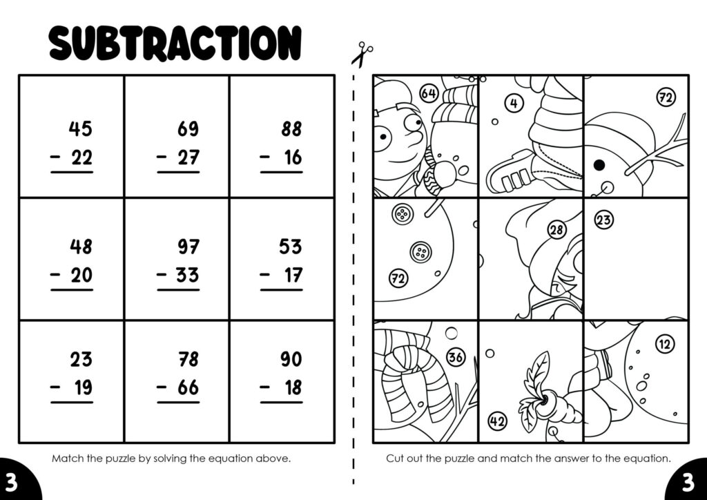 Subtraction worksheet with number problems and cutout puzzle pieces