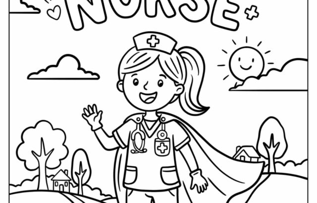 Coloring page of smiling superhero nurse in landscape