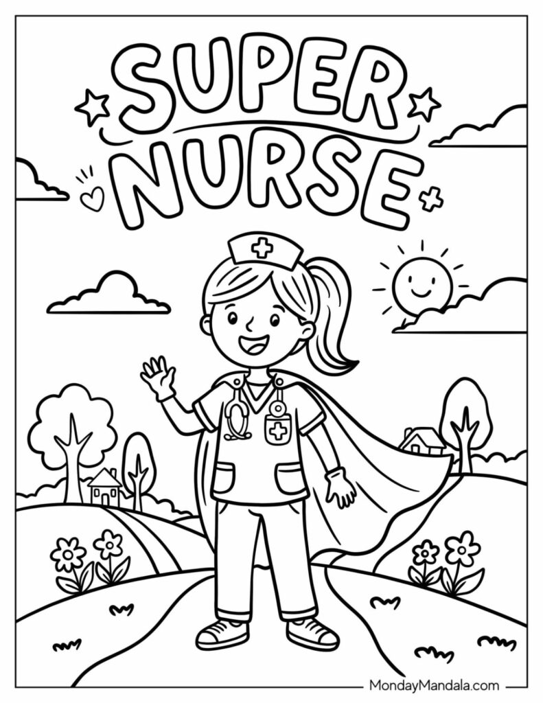 Coloring page of smiling superhero nurse in landscape