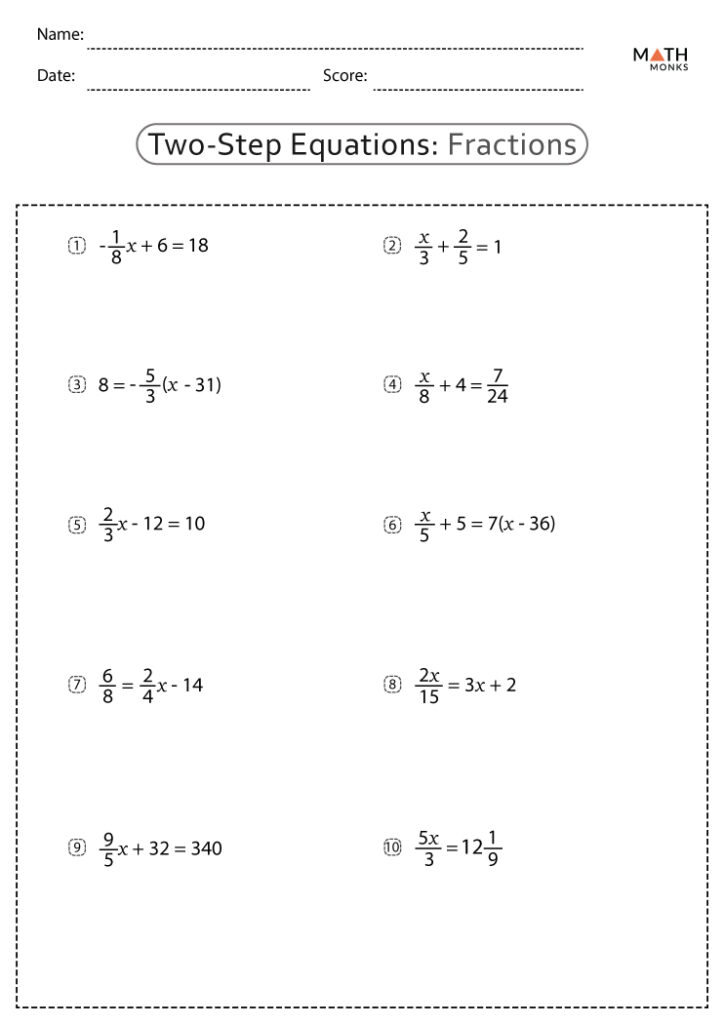 Math worksheet titled Two-Step Equations: Fractions