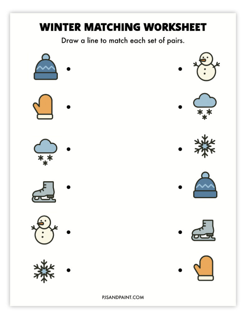 Winter matching worksheet with six icon pairs