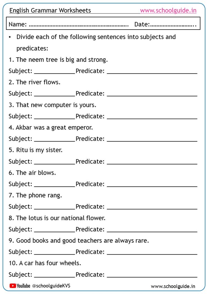 English grammar worksheet with subject-predicate exercises