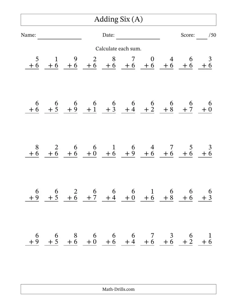 Math worksheet titled Adding Six with column addition problems