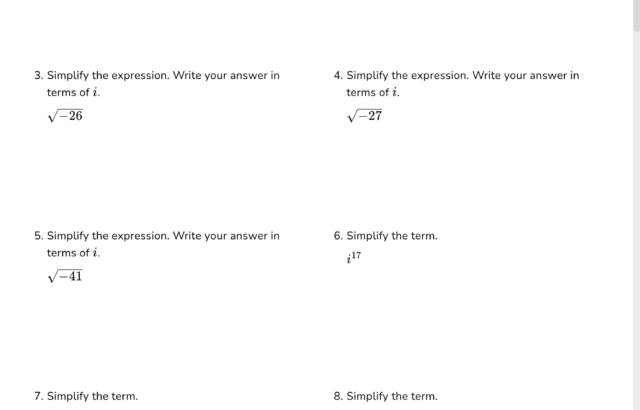 Complex numbers worksheet with eight math problems
