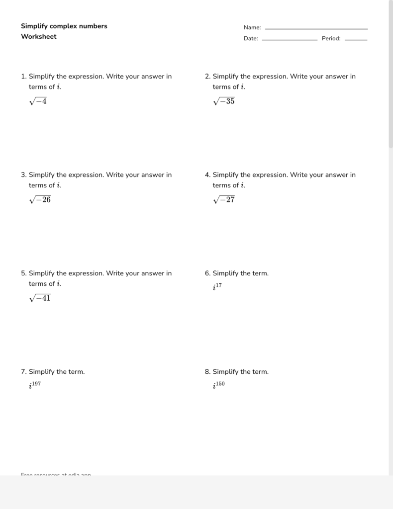 Complex numbers worksheet with eight math problems