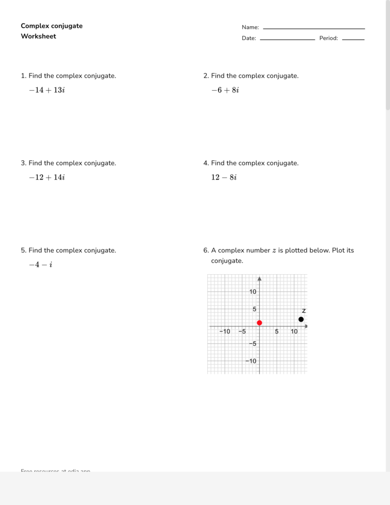 Complex conjugate worksheet with questions and coordinate graph