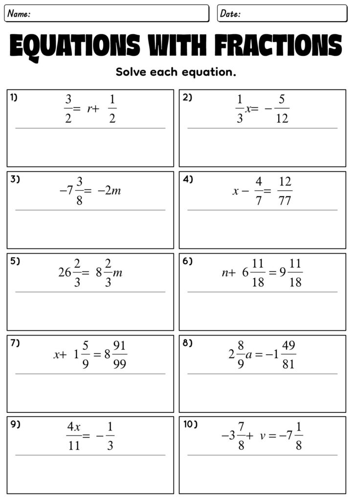 Fraction equations worksheet with ten numbered problems