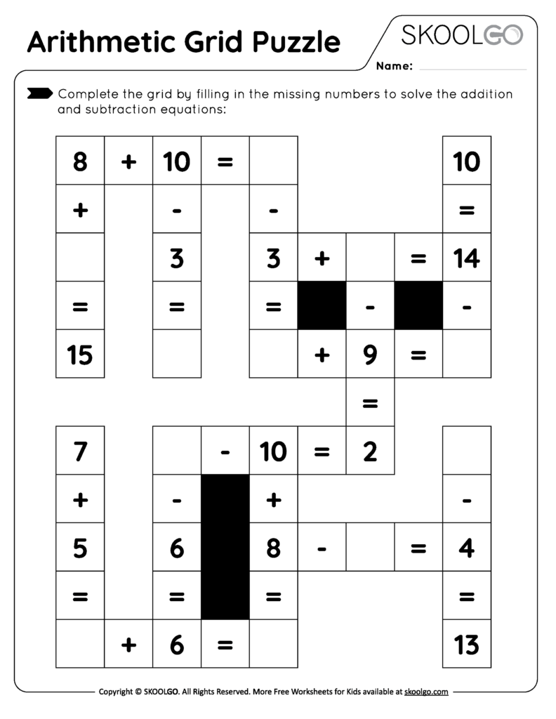 Arithmetic grid puzzle worksheet with numbers and operators