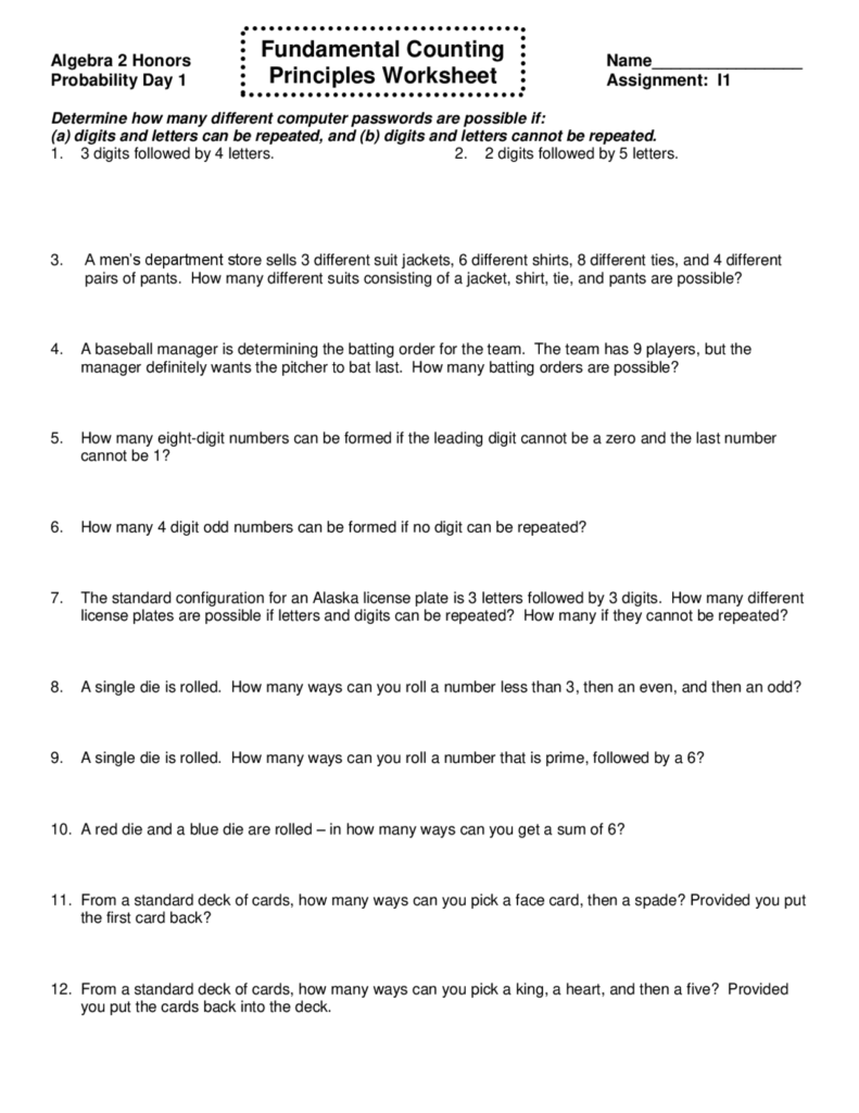 Algebra worksheet titled Fundamental Counting Principles Worksheet