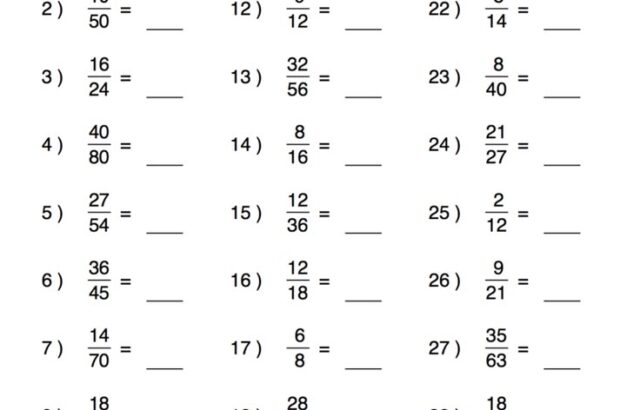 Reducing fractions math worksheet with blank answers