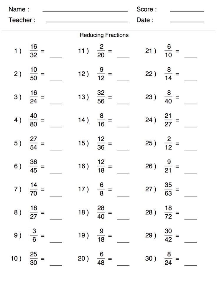 Reducing fractions math worksheet with blank answers