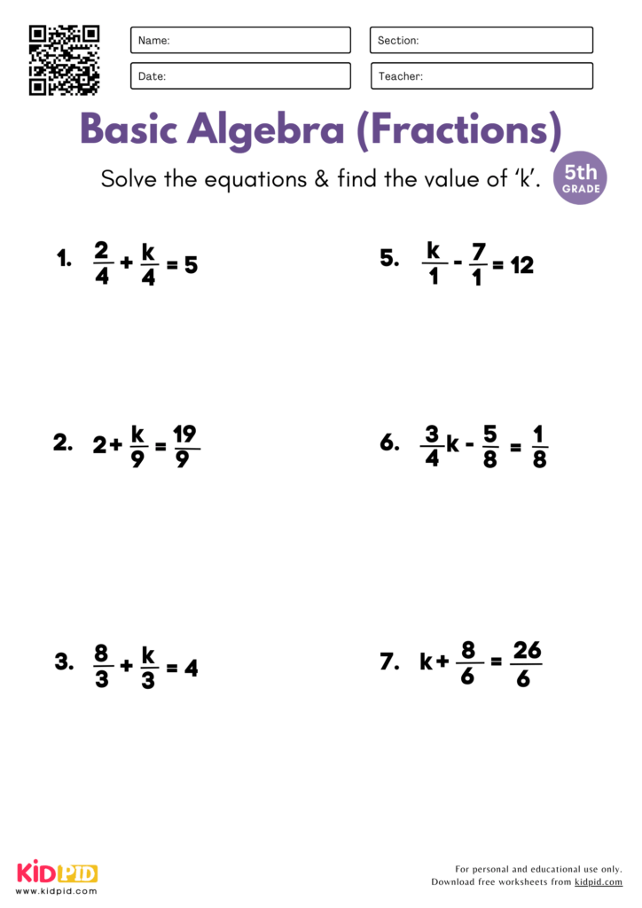 Basic algebra fractions worksheet with QR code and problems