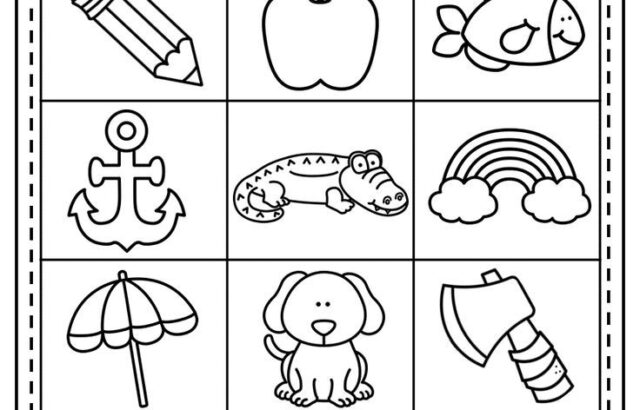 Letter A worksheet with twelve black-and-white drawings