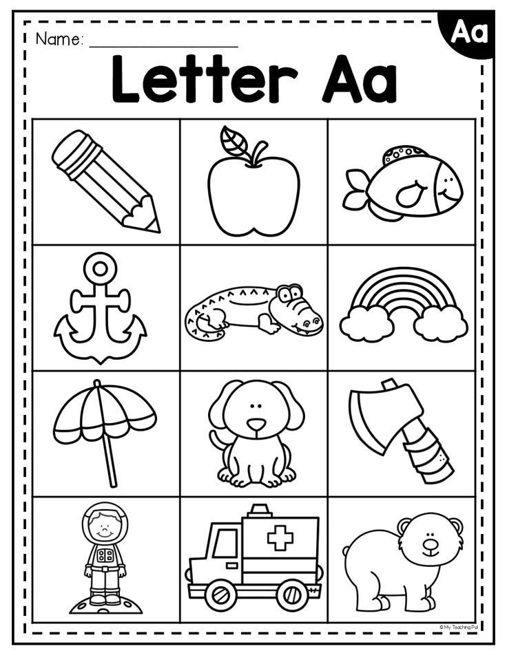 Letter A worksheet with twelve black-and-white drawings