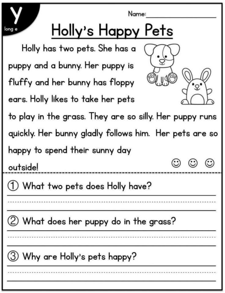 Children’s worksheet about Holly’s happy pets, with dog and bunny drawings