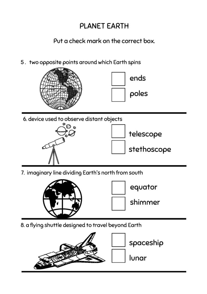 Earth science worksheet with globe, telescope, and shuttle illustrations