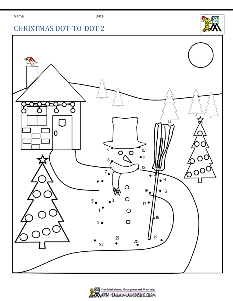 Christmas dot-to-dot worksheet with snowman and trees