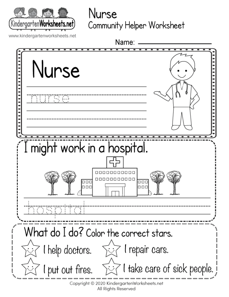 Kindergarten nurse worksheet with hospital and cartoon nurse