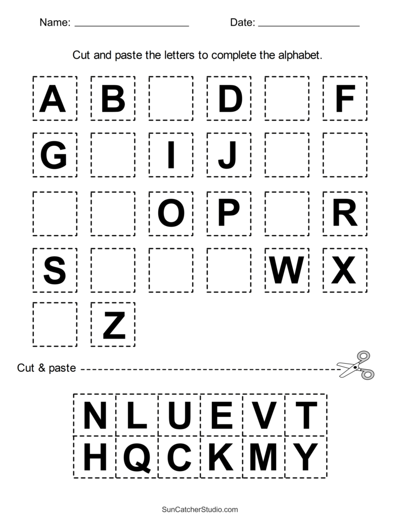 Alphabet cut-and-paste worksheet with missing letters
