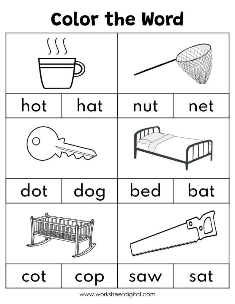 Phonics worksheet with pictures and word choices