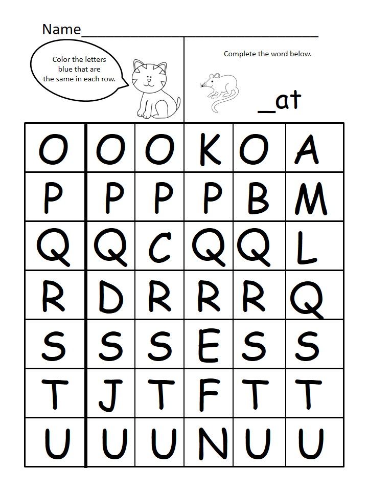 Alphabet worksheet with letter grid and cartoon cat, mouse, speech bubble