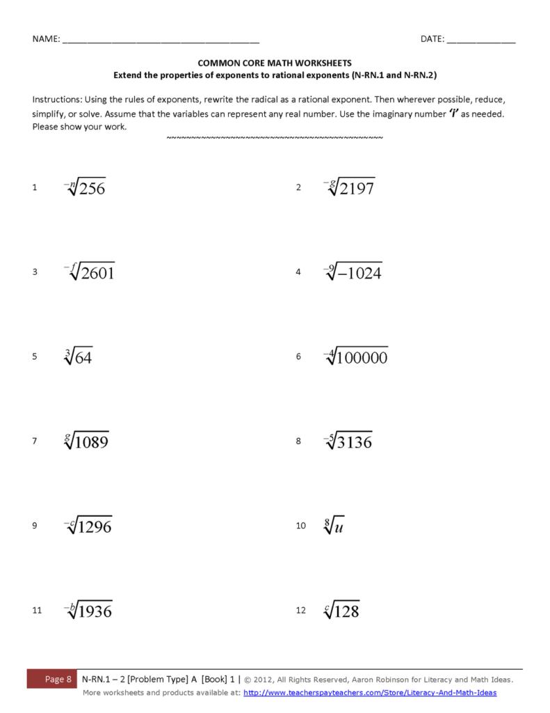 Common core math worksheet with radical problems