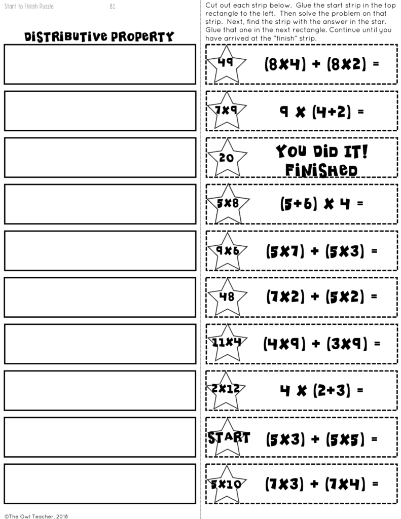 Distributive property math worksheet with cutout strips and stars