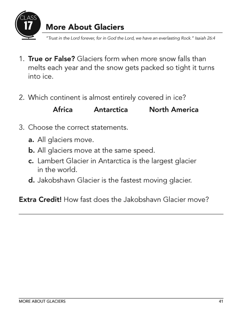 Glaciers worksheet with questions and bold headings