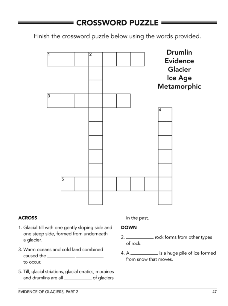 Glacier evidence crossword puzzle worksheet with clues and word bank