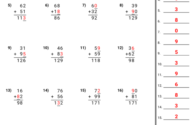 Math worksheet answer key with missing-digit addition problems