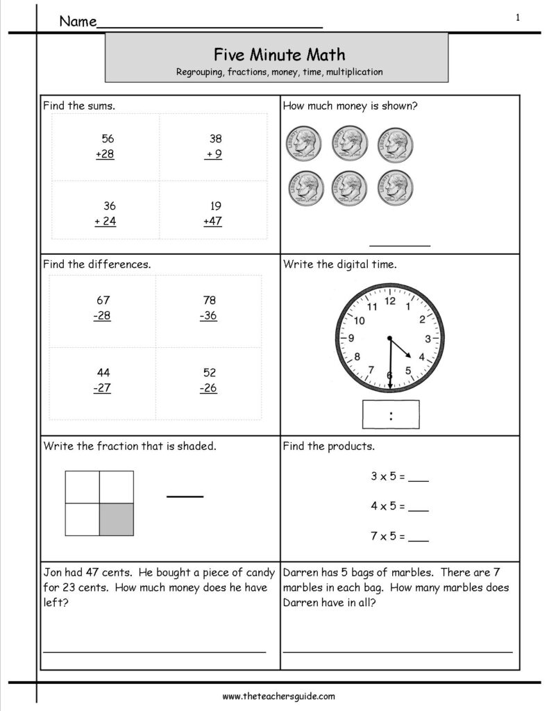 Five Minute Math worksheet with arithmetic problems and clock