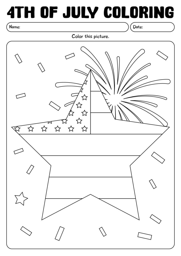 Fourth of July coloring page with striped star and fireworks