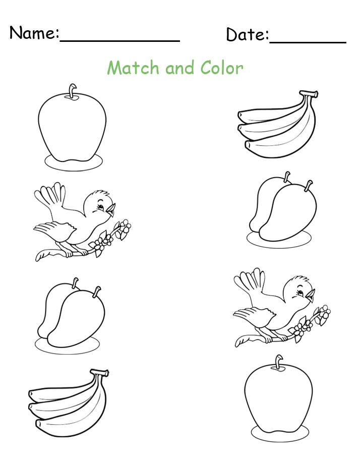 Fruit matching worksheet with blank name and date lines