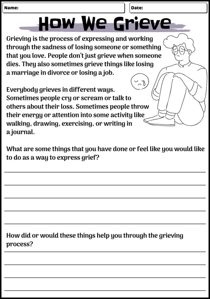 Grief worksheet with text, lines, and sad illustration