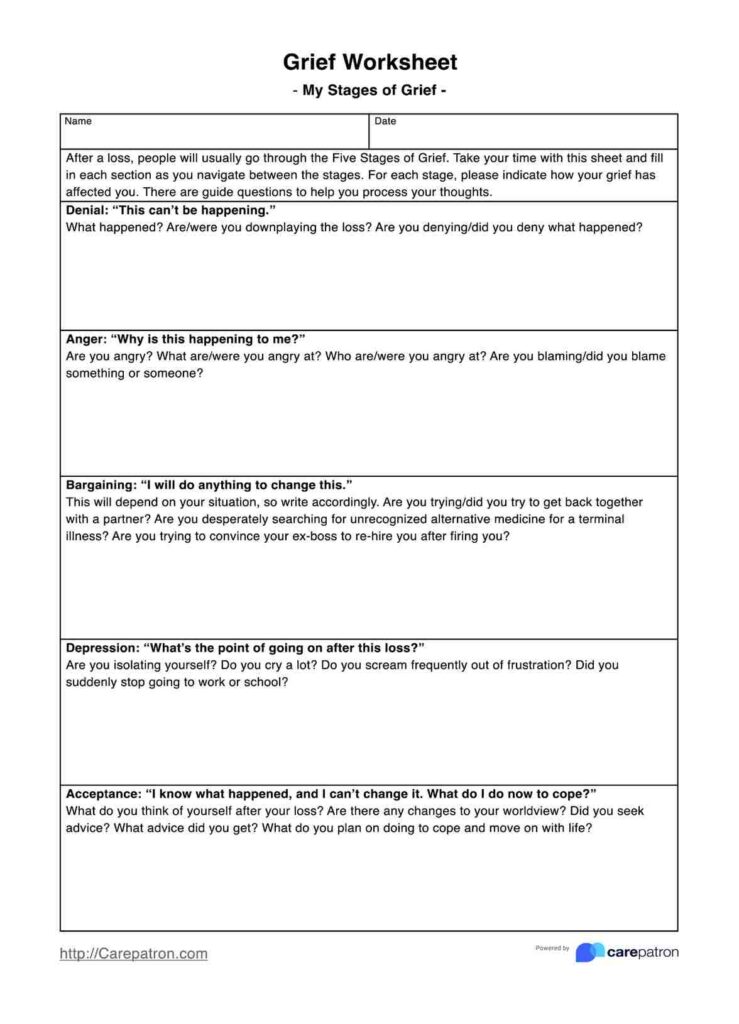 Grief worksheet with five stages and prompts