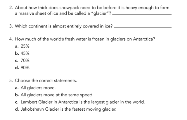 Glaciers worksheet page with numbered questions and lines