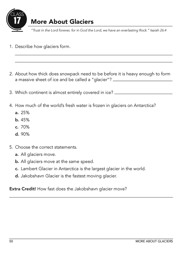 Glaciers worksheet page with numbered questions and lines