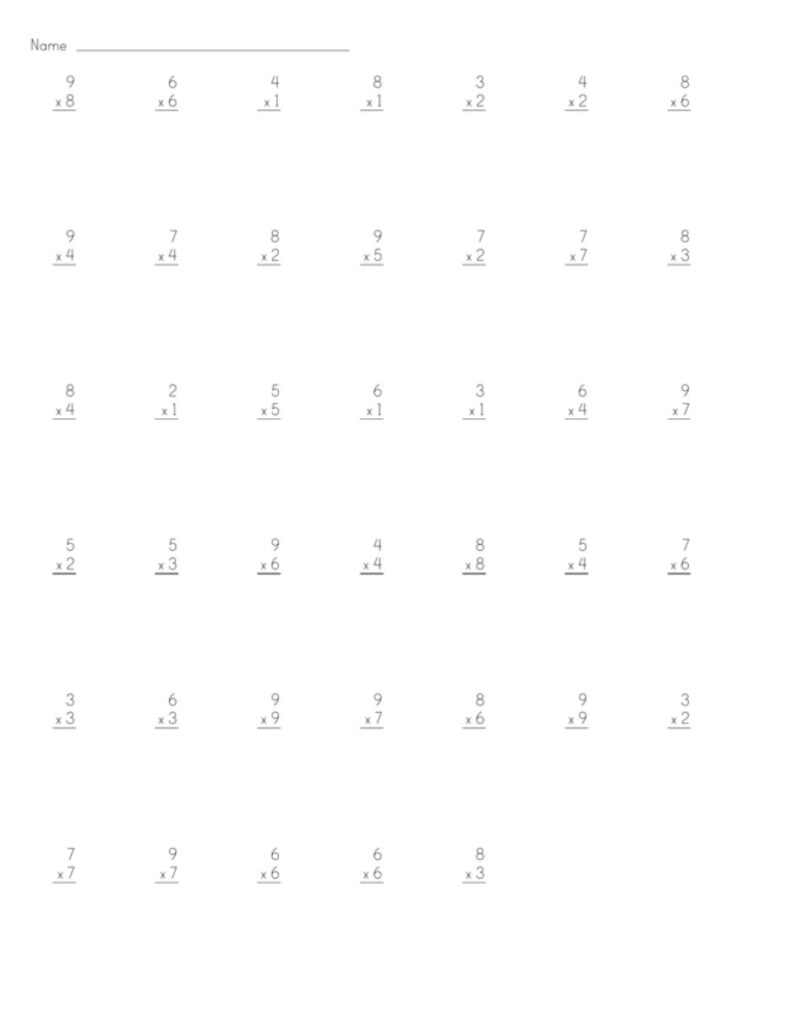 Multiplication worksheet with numbered problems on white page