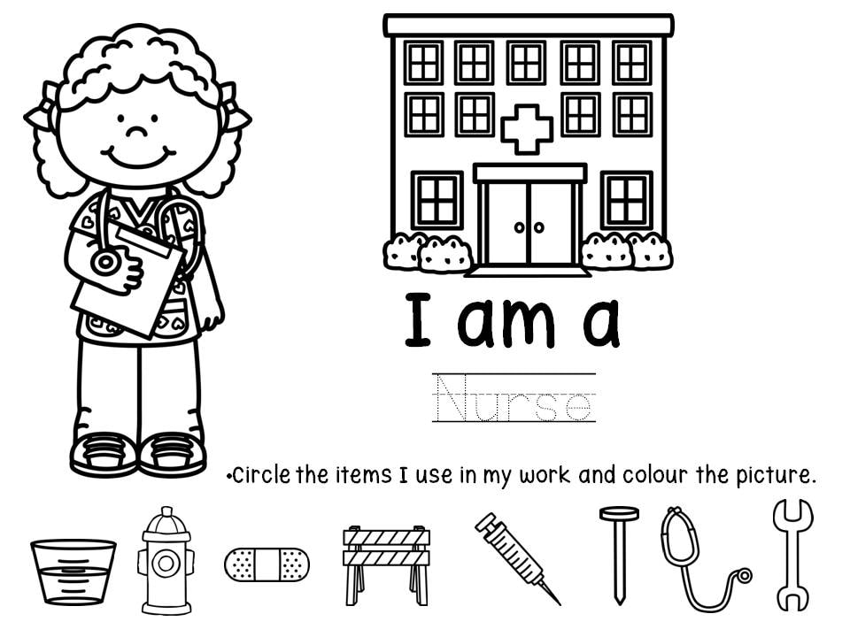 Nurse worksheet with cartoon nurse and hospital icons