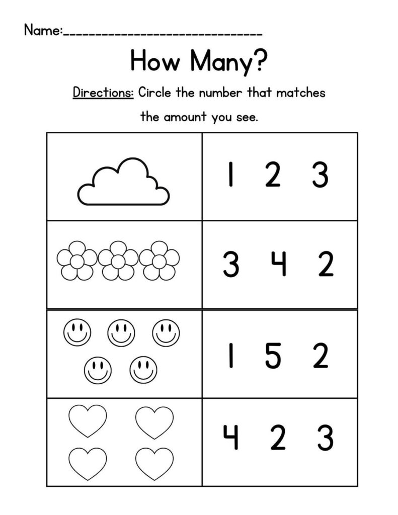 Counting worksheet with clouds, flowers, smiley faces, hearts