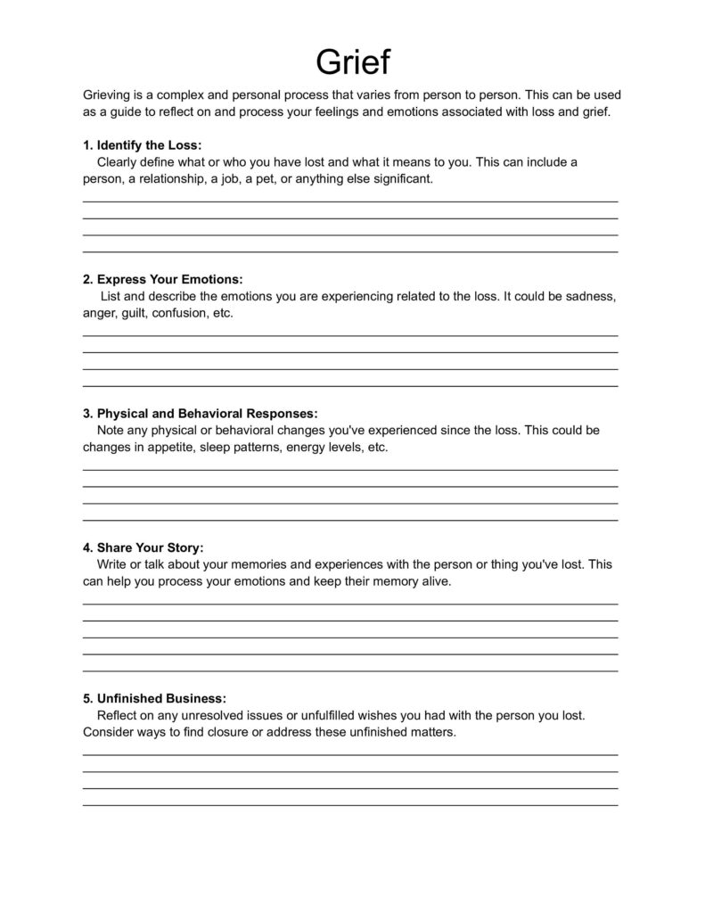 Grief worksheet with five writing prompts and blank lines