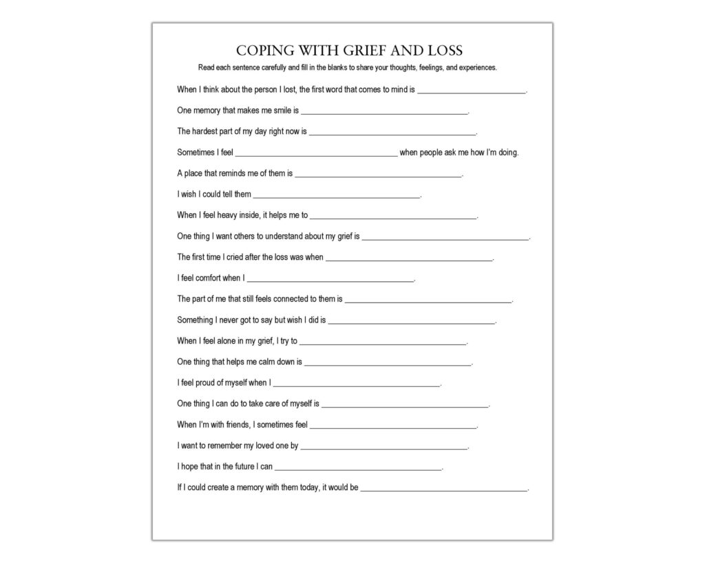 Grief and loss fill-in-the-blank worksheet page