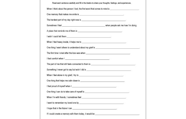 Grief and loss fill-in-the-blank worksheet page