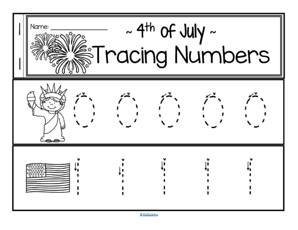 Fourth of July tracing numbers worksheet with fireworks and flag