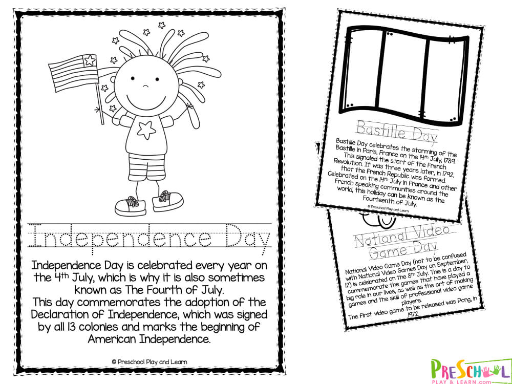 Printable holiday worksheets about Independence Day and Bastille Day