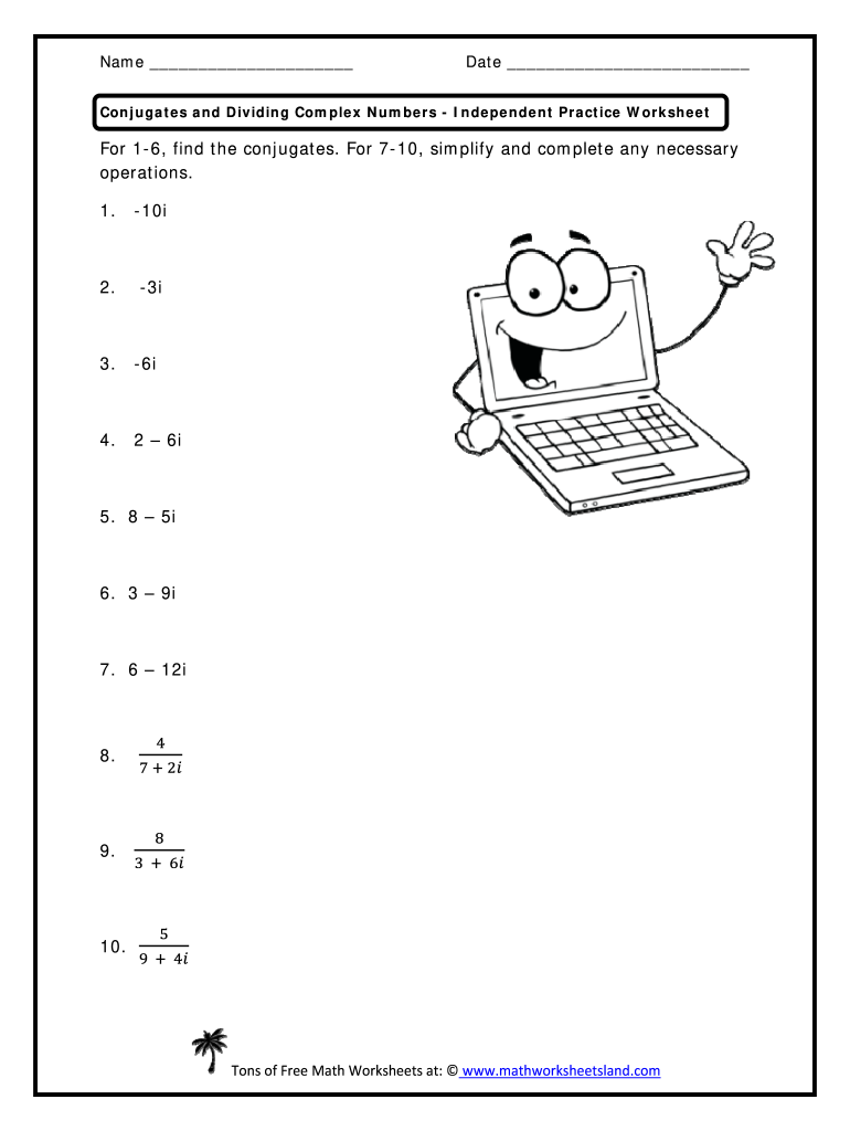 Math worksheet about conjugates and dividing complex numbers