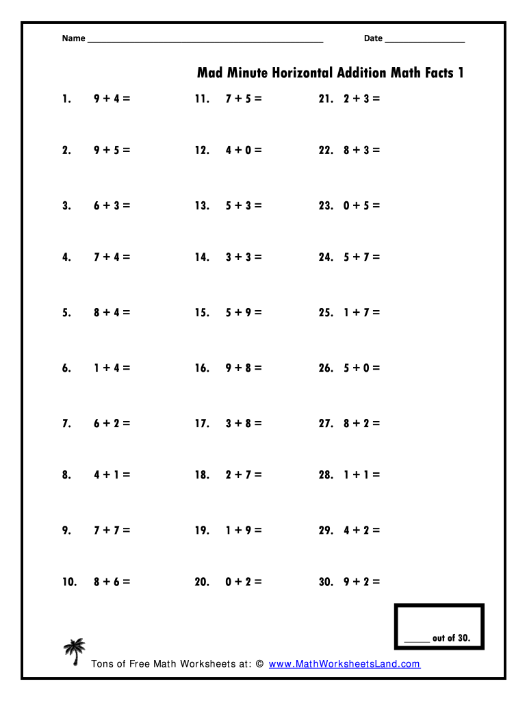 Printable addition worksheet with thirty numbered problems