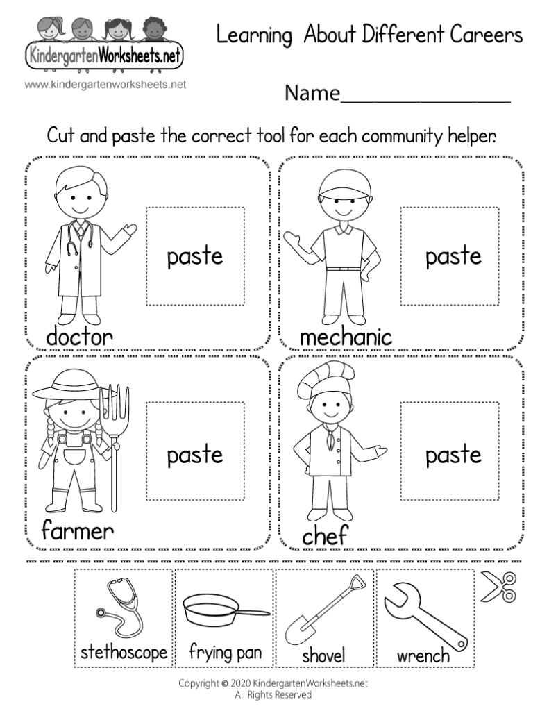 Careers worksheet with four cartoon workers and tools boxes