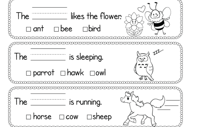 Printable learning worksheet with four animal questions and pictures